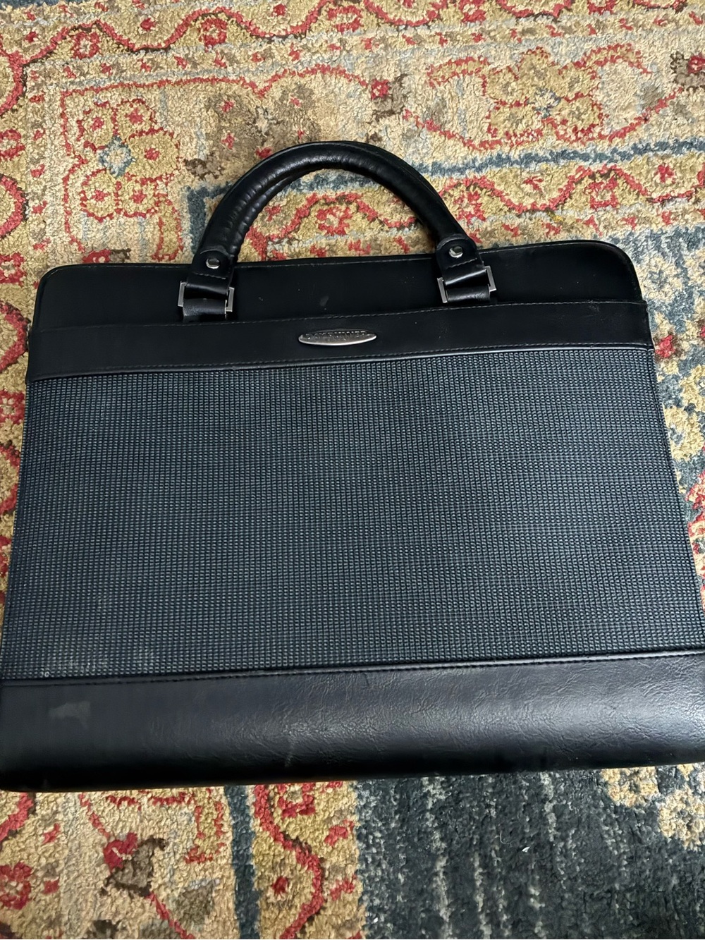 Men's Black Professional Briefcase - Textured Fabric & Leather